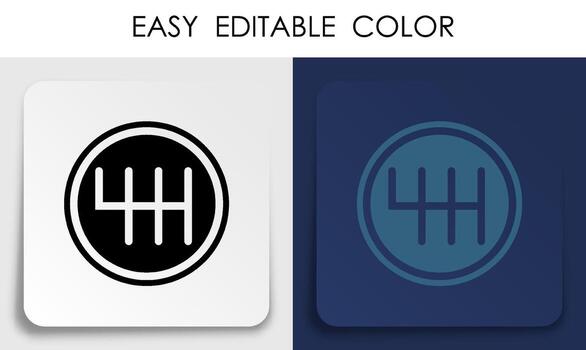 Gearbox lever icon on paper square sticker with shadow. Car gearbox, transmission repair in service center. Mobile app button. Vector