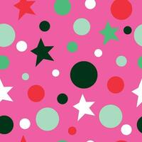 Bright festive seamless pattern for packaging, cover, with stars and balls on a pink background. Pattern on the swatch panel. vector