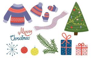 Winter clothes, Christmas tree, balls, snowflakes and gifts. Christmas accessories. vector