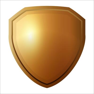 Gold metal shield. Shields with reflection in shiny. Vector gold shields icons isolated. Realistic isolated golden armory. Blank gold metal shield