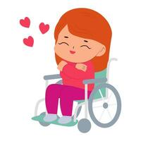un mujer abraza sí misma, sensación amor propio, armonía, positivo emociones plano vector ilustración. un sonriente joven mujer en un silla de ruedas.
