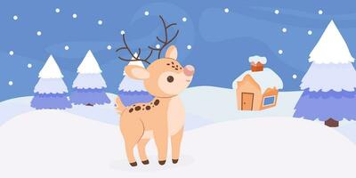 Cute Deer in winter forest. winter Landscape. vector flat