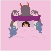 retrato mujer en dormitorio acostado en cama ocultación debajo cobija insomnio vector mano dibujo