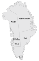 Greenland map. Map of Greenland divided into five regions. png