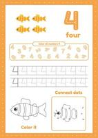 Kids preschool worksheet with many exercises. Learn number four. Coloring, tracing fish vector