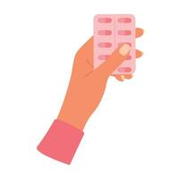 Woman hand holding a blister with pills. Drugs, vitamins in female hand. Healthcare, medicine concept. Vector