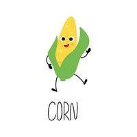 Hand drawn funny corn character. Card with vegetable name. Vector illustration