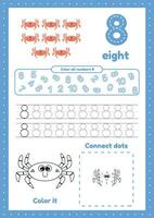 Kids activity worksheet with many exercises. Learn number eight. Coloring, tracing crab vector