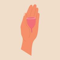 Woman hand holds menstrual cup. Health care product. Hygiene in period vector