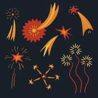 A set with different cartoon fireworks. Hand drawn vector sketch illustration.