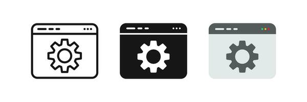 Website settings icon. Software setting symbol. Application update signs. System cogwheel symbols. Web technology icons. Black, flat color. Vector sign.