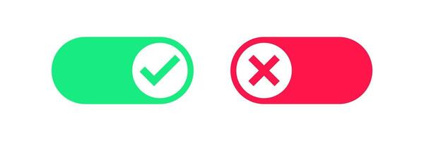 Toggle icon. Switch symbol. Slider signs. Active symbols. Inactive icons. Cancel, check mark button. Red, green color. Vector sign.