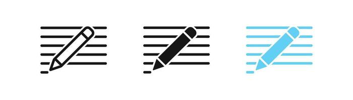 Pencil write icon. Pencil edit document symbol. Note signs. List symbols. Letter icons. Black, blue color. Vector sign.