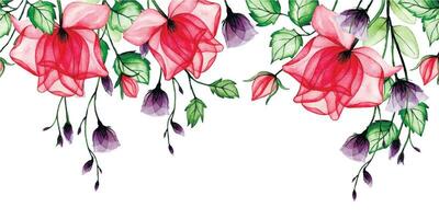 watercolor seamless border, frame with transparent flowers. pink and purple rose flowers, x-ray. vector