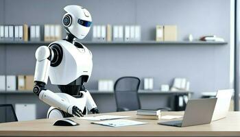 A white robot is sitting and working in the office. photo