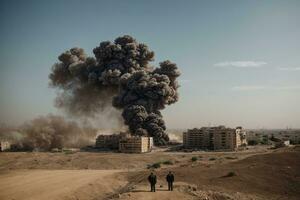 ai generado restos de un edificio en el Desierto con un grande explosión de fuego fumar debido a bomba bombardeo en gaza durante Israel y Palestina guerra foto