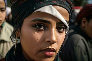 AI generated Portrait of wounded Palestine woman wearing hijab. Israel and Palestine war. photo