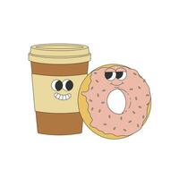 Groovy hippie coffee cup and donut. Cartoon characters in trendy retro style. vector