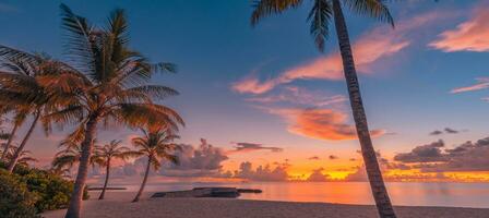 paisaje de paraíso tropical isla playa, amanecer puesta de sol vista. exótico escenario, palma árboles, suave arena y calma mar. verano playa paisaje, vacaciones o tropical viaje puesta de sol colores nubes horizonte foto