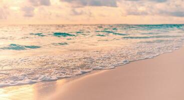 Closeup waves splash sea sand beach. Panoramic fantastic travel landscape. Inspire tropical seascape horizon. Majestic sunset sky peaceful tranquil relaxation sunshine summer. Amazing vacation island photo