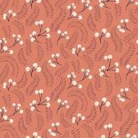 Retro seamless pattern with creative berries branches and leaves stem on a orange back. Vector hand drawn sketch. Simple background with tiny floral leaf branches and drops. Design for fashion, fabric