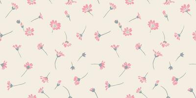 Seamless, artistic, simple, gently daisy floral pattern. Vector hand drawn tiny branches buds flowers on a beige background. Design ornament for fabric, interior decor, textile, fashion, wallpaper