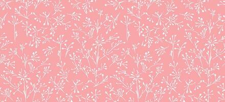 Abstract, minimalist, contemporary floral stems seamless pattern. Vector hand drawn sketch silhouettes shapes, spots and lines. Simple tiny branches on a pink background print.