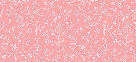 Abstract, minimalist, contemporary floral stems seamless pattern. Vector hand drawn sketch silhouettes shapes, spots and lines. Simple tiny branches on a pink background print.