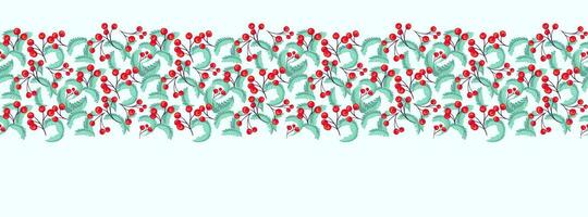 Horizontal Christmas, Holiday border with copy space. Vector hand drawn stylized branches and red berries. Suitable for email header, post in social networks, advertising, events