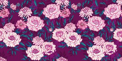 Seamless bouquets of flowers, peonies, dahlia and leaves pattern. Vector hand drawn abstract, artistic, floral print. Floral tapestry on a burgundy background. Template for design, textile, fashion,