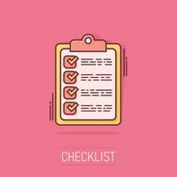 Vector cartoon to do list icon in comic style. Checklist, task list sign illustration pictogram. Reminder business splash effect concept.