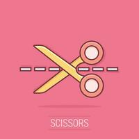 Vector cartoon scissors icon in comic style. Scissor sign illustration pictogram. Shear business splash effect concept.