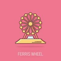 icono de rueda de ferris de dibujos animados vectoriales en estilo cómico. carrusel en pictograma de ilustración de signo de parque. concepto de efecto de salpicadura de negocio de paseo de diversión. vector