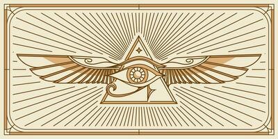 ojo de horus con sagrado escarabajo alas diseño. todas viendo ojo de Dios en sagrado geometría triángulo con pájaro alas de halcón o ángel, albañilería y Illuminati símbolo, vector logo o emblema diseño