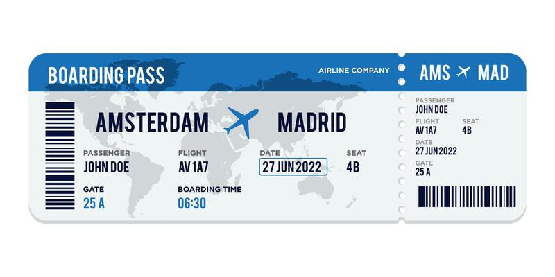 blue and white Airplane ticket design. Realistic illustration of airplane boarding pass with passenger name and destination. Concept of travel, journey or business trip. Isolated on white background