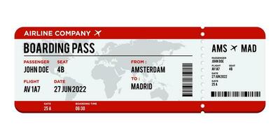 Red and white Airplane ticket design. Realistic illustration of airplane boarding pass with passenger name and destination. Concept of travel, journey or business trip. Isolated on white background vector