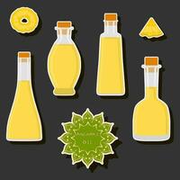 Illustration on theme big set different types liquid oil, bottle various size vector