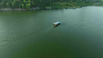 Aerial View of Boat Crossing on Beautiful Artificial Lake in Sermo Reservoir video
