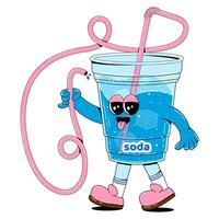 Cute character of a transparent glass with soda. Vector illustration of a soda mascot with arms, legs and a cheerful face in retro cartoon style.