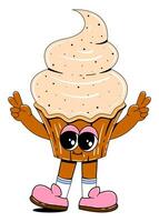 Cute cupcake character in retro cartoon style. Vector illustration of a sweets mascot with a cheerful face, arms, legs.