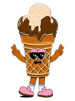 Cute ice cream character in retro cartoon style. Vector colorful illustration of ice cream mascot for cafe, restaurant, menu.