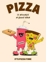 Vertical poster with cute pizza and soda characters in retro cartoon style. Vector illustration of a fast food mascot with arms, legs and a cheerful face.