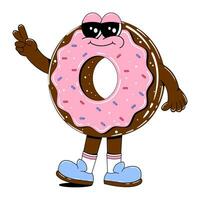 Cute donut character in retro cartoon style. Vector illustration of a sweets mascot with arms, legs and a cheerful face on a white isolated background.