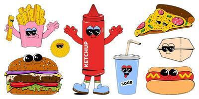 Colorful set of fast food characters in retro cartoon style. Vector mascot illustration of burger, hot dog, french fries, pizza, soda and other street food on white isolated background.