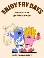 Vertical poster with cute soda french fries characters in retro cartoon style. Vector illustration of a fast food mascot with arms, legs and a cheerful face.