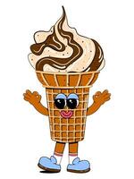 Cute ice cream character in retro cartoon style. Vector colorful illustration of ice cream mascot for cafe, restaurant, menu.