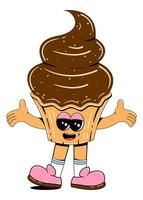Cute cupcake character in retro cartoon style. Vector illustration of a sweets mascot with a cheerful face, arms, legs.