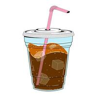 Straight glass with cola and ice in retro cartoon style. Vector flat illustration of a plastic glass with a straw and cold cola.