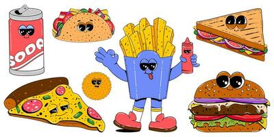 Colorful set of fast food characters in retro cartoon style. Vector mascot illustration of burger, hot dog, french fries, pizza, taco, soda and other street food on white isolated background.