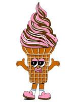 Cute ice cream character in retro cartoon style. Vector colorful illustration of ice cream mascot for cafe, restaurant, menu.